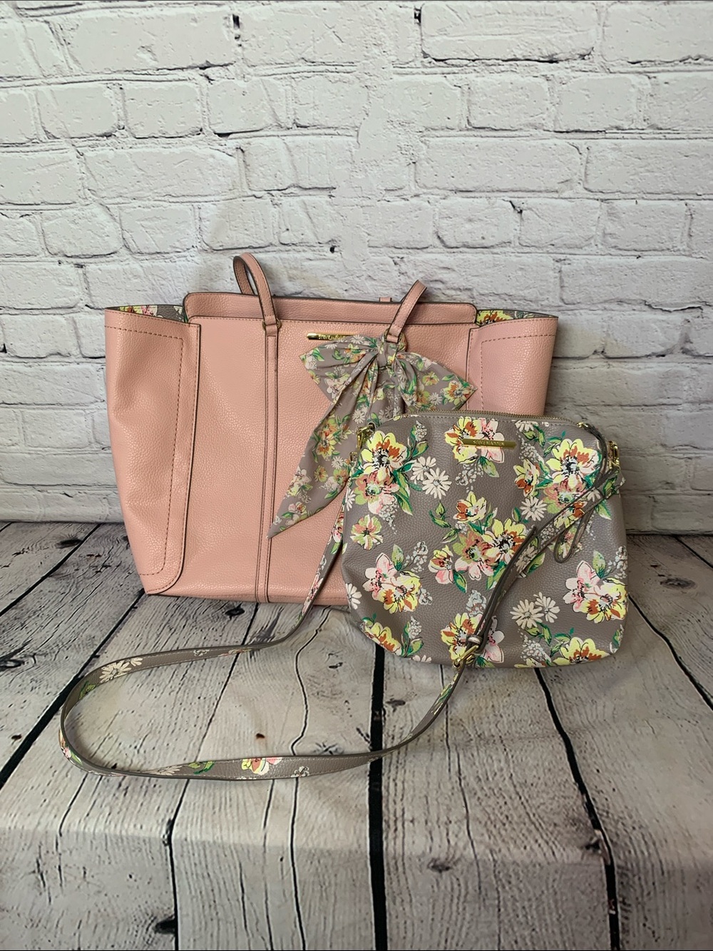 Steve Madden Pink Tote with Floral Taupe Crossbody